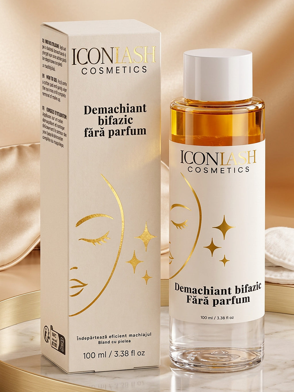 Demachiantul bifazic IconLash fără parfum, flacon de 100 ml și cutia produsului