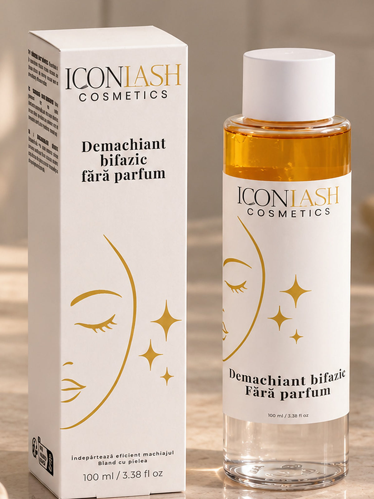 Demachiantul bifazic IconLash fără parfum, flaconul și cutia fotografiate din față