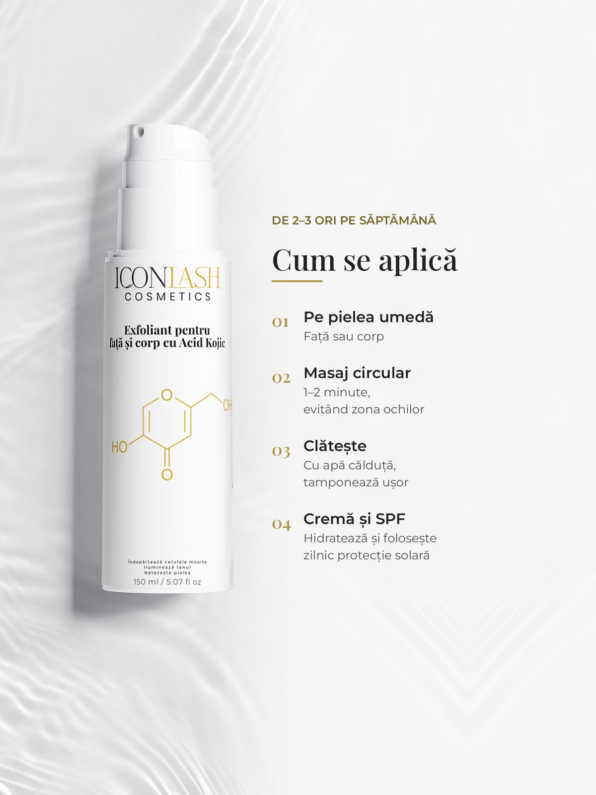 Cum se aplică exfoliantul IconLash: pe pielea umedă, masează 1–2 minute, clătește, apoi hidratează și folosește SPF