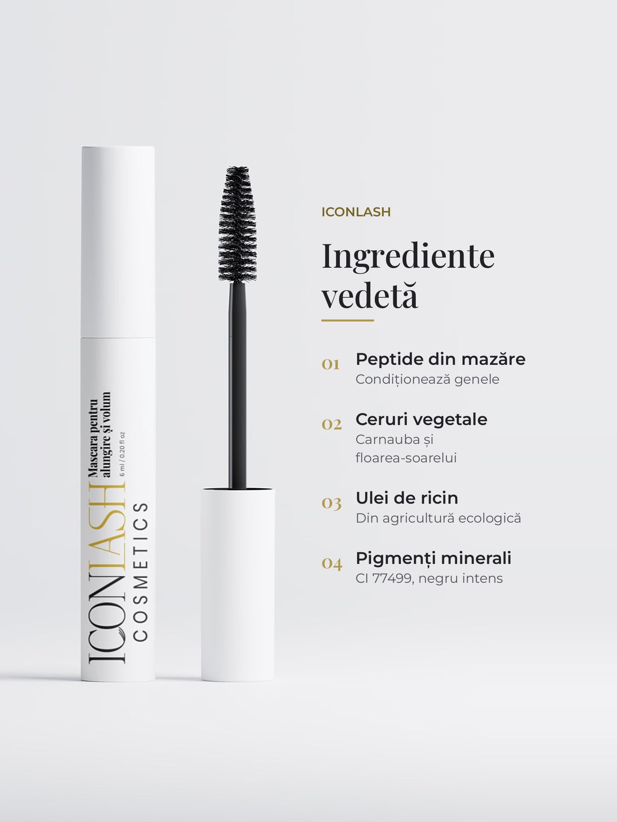 Ingrediente-cheie ale mascara IconLash: peptide din mazăre, ceruri vegetale, ulei de ricin și pigmenți minerali