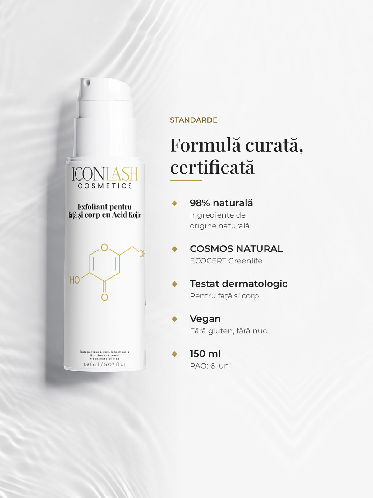 Formula exfoliantului IconLash: 98% ingrediente de origine naturală, COSMOS NATURAL, vegan, 150 ml