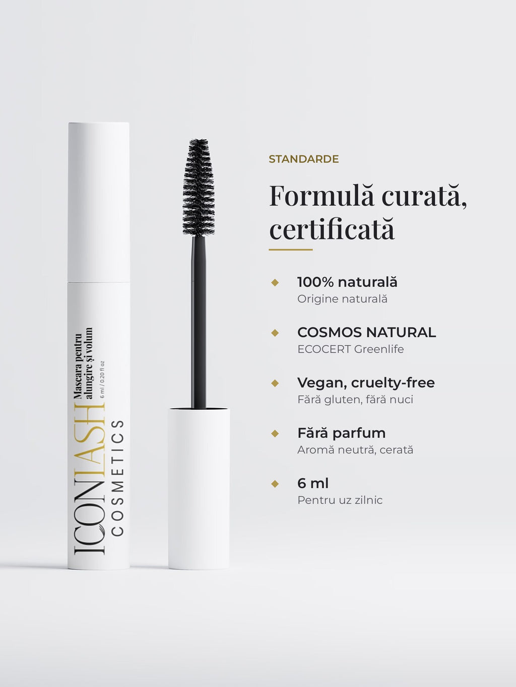Formula mascara IconLash: 100% ingrediente de origine naturală, COSMOS NATURAL, vegan, fără parfum, 6 ml