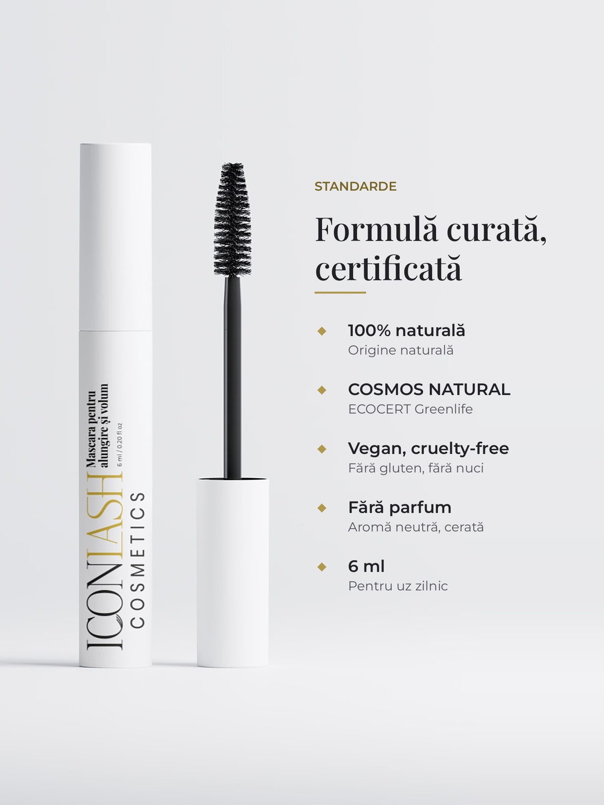 Formula mascara IconLash: 100% ingrediente de origine naturală, COSMOS NATURAL, vegan, fără parfum, 6 ml