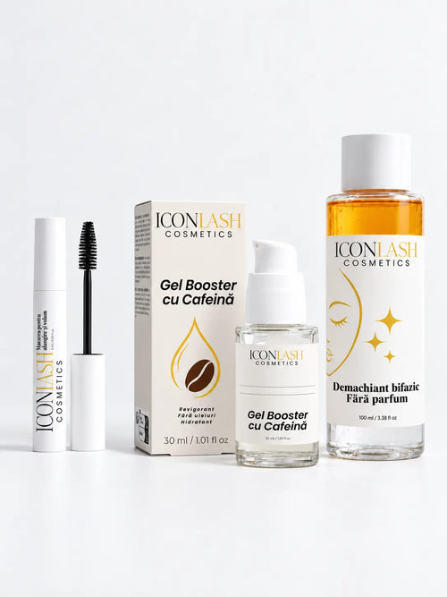 Setul IconLash Ritualul Privirii: mascara, Gel Booster cu Cofeină și demachiant bifazic fără parfum